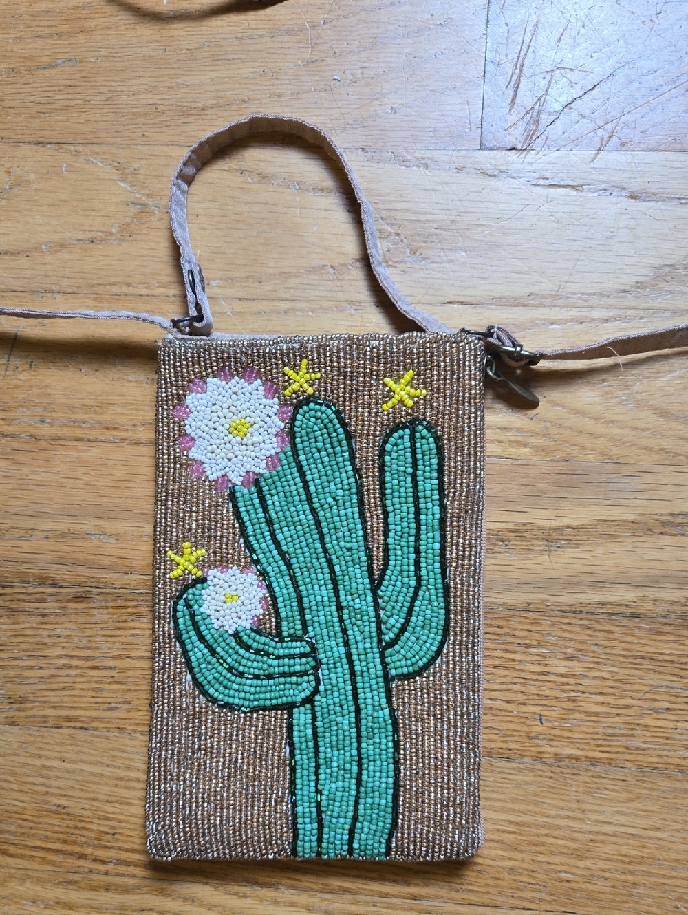 Bamboo Trading Co. pink beaded cactus crossbody bag phone pouch
